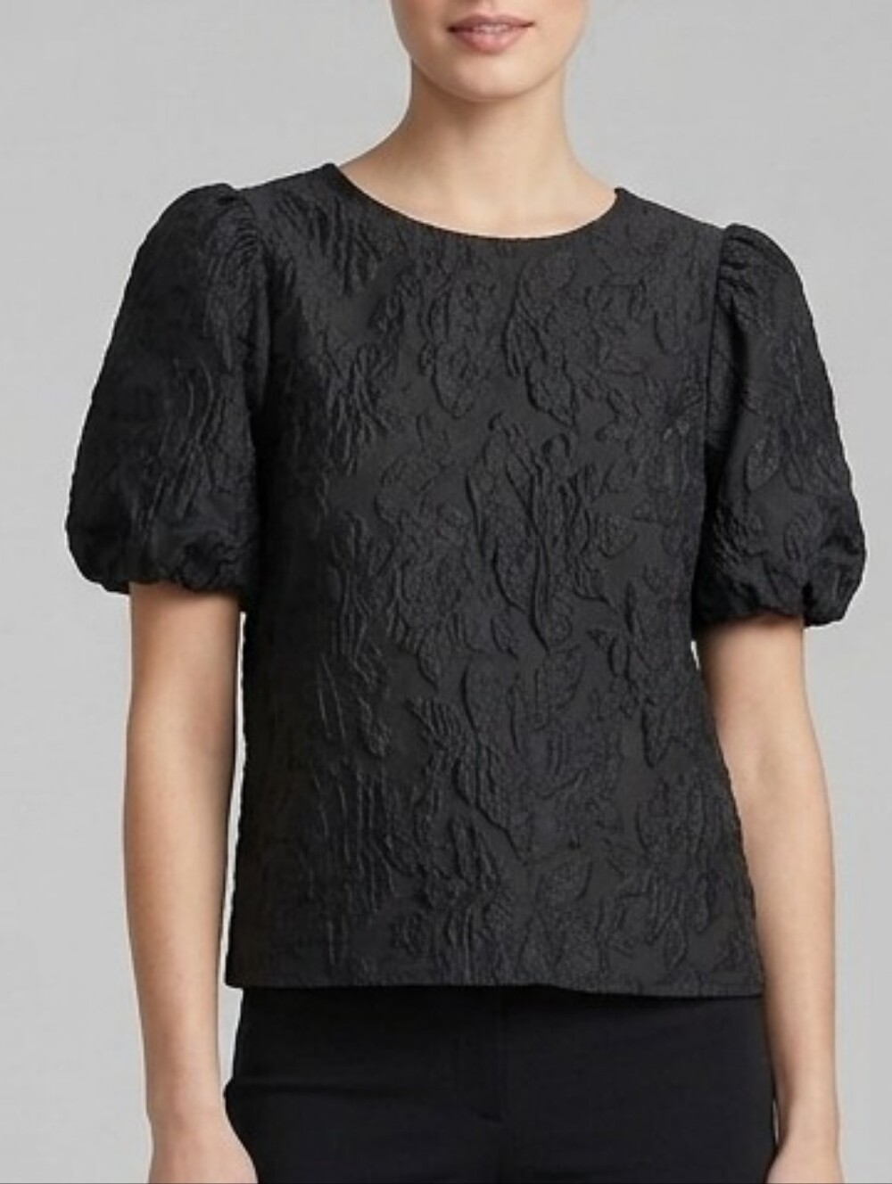 J. Crew Black Textured Puff-Sleeve Blouse with Back Tie